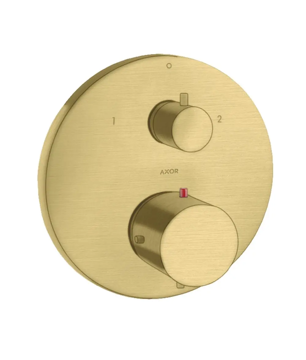 Thermostat mit zwei Einstellknöpfen in gebürstetem Messing, Hersteller AXOR, zur regulären Temperatur- und Wasserströmungssteuerung, montiert auf einer runden Blende.